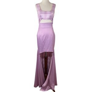 Atoir Sleeveless Lavender Plaid Cutout Maxi Dress High-Low Hem Flared Size 4